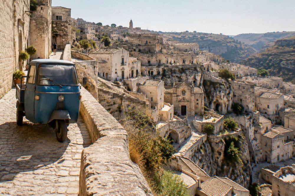A small three-wheeled vintage vehicle parked on a stone street above the old cave district of Matera