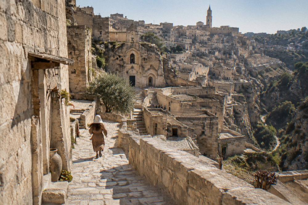 A living nativity scene with costumed figures and lantern light on a stone lane in Matera