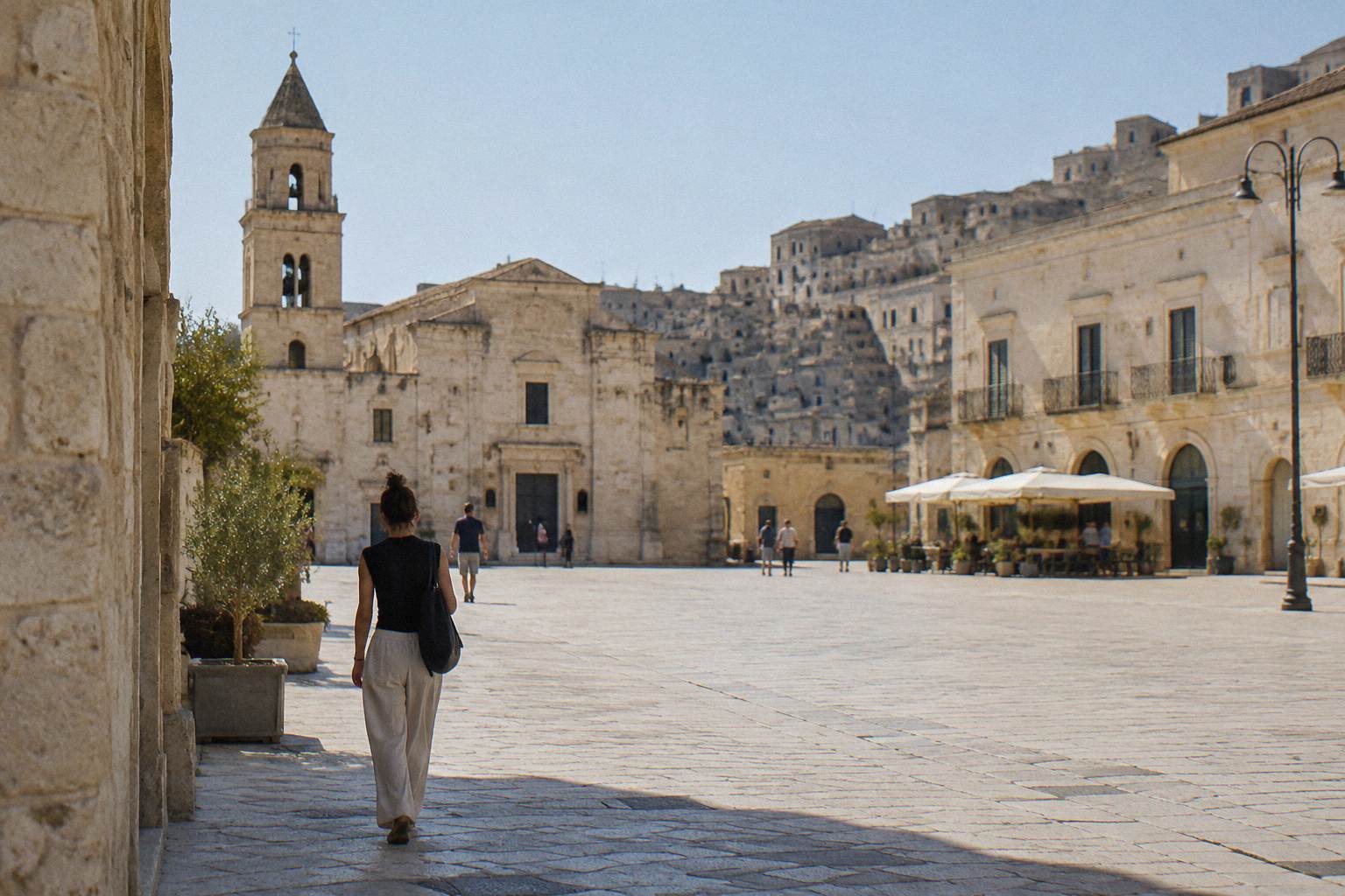 Pedestrian square with a fountain-free open stretch of paving and historic buildings around it