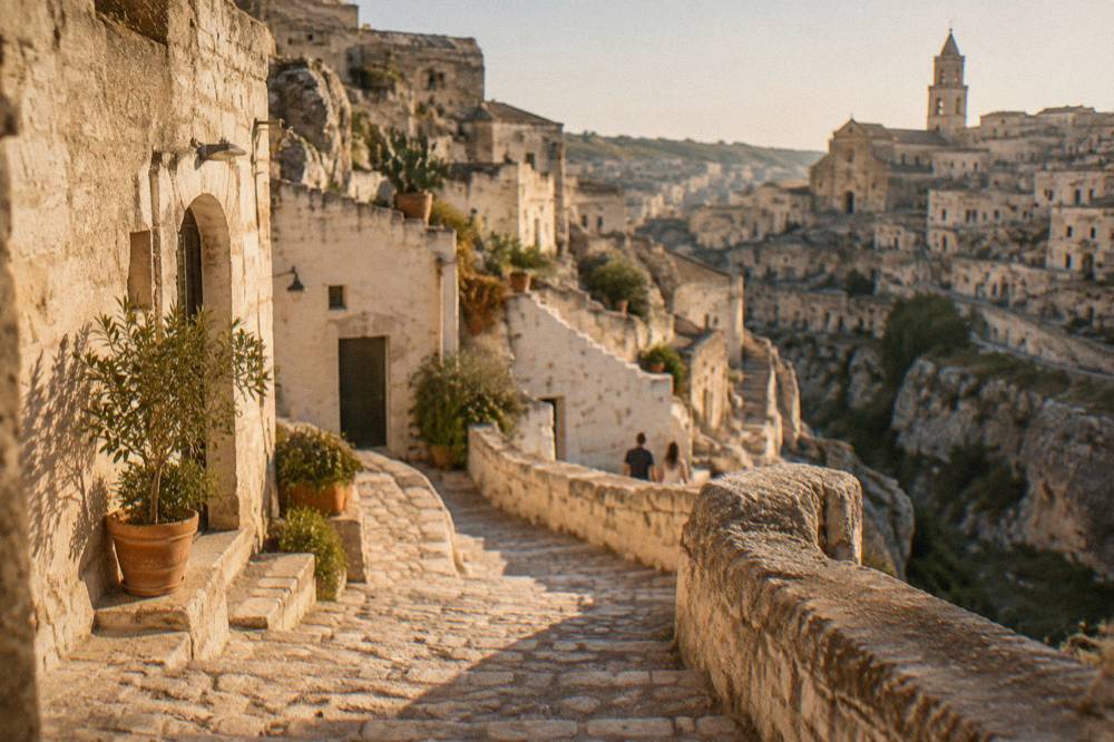 Stepped stone lane in the Sassi of Matera curving between whitewashed cave dwellings under a clear sky