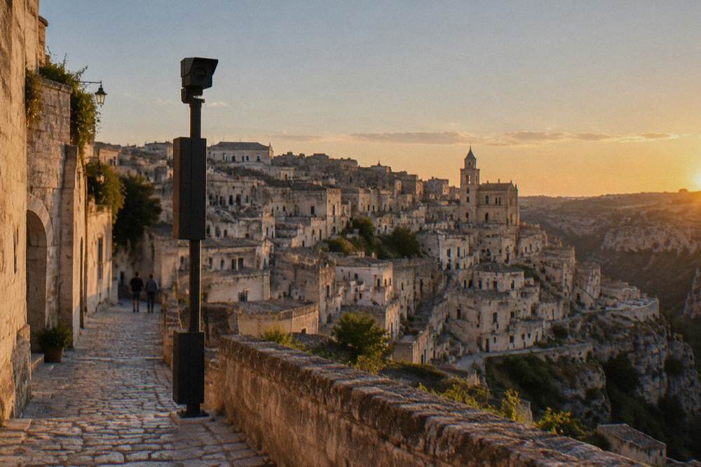 A narrow car-free stone street in Matera closed by a ZTL traffic camera post at dusk