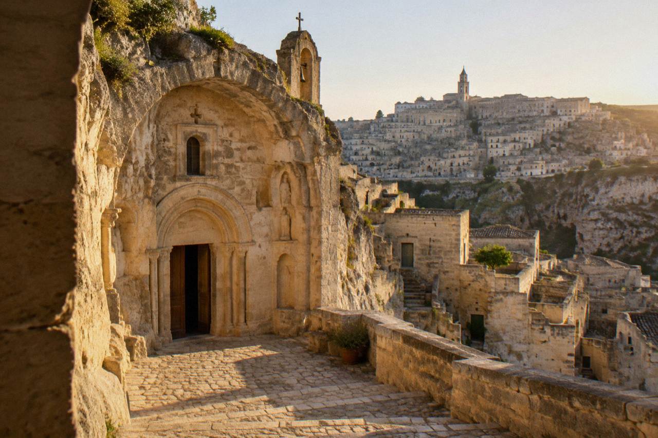 Carved stone facade of a rock church in the Sassi district of Matera at golden hour
