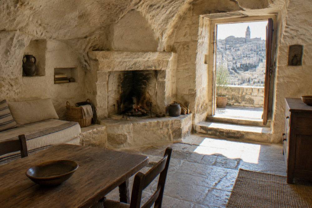 The interior of a cave house in Matera with stone furnishings and a hearth