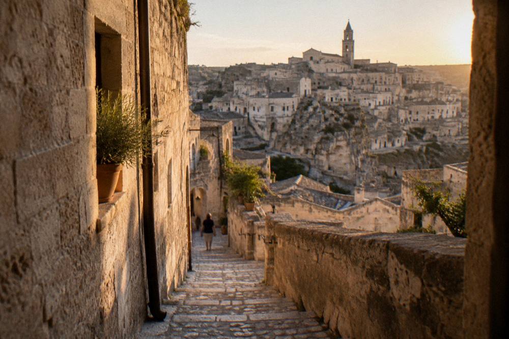 A narrow stepped lane between stone houses in the Sassi district of Matera