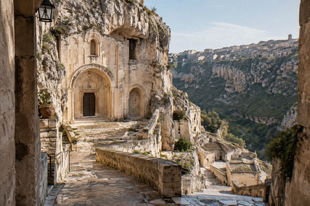 Pale stone facade of a rock church carved into the cliffside of the Sasso Caveoso in Matera