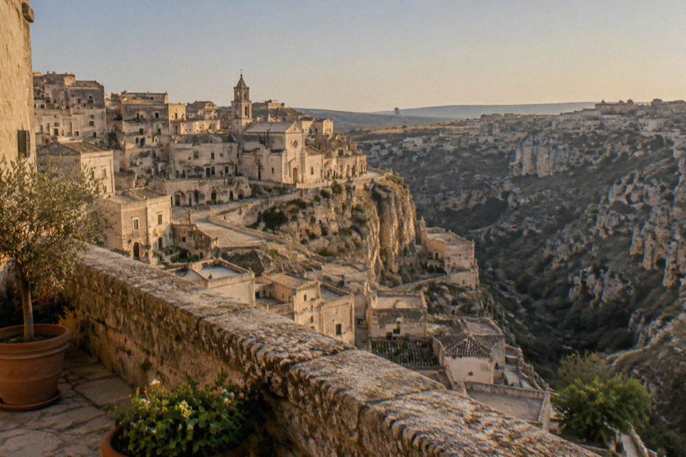 A view from a stone terrace over stacked cave dwellings and a canyon at golden hour in Matera