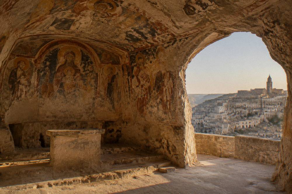 A rock-cut church interior with faded frescoes on the stone ceiling