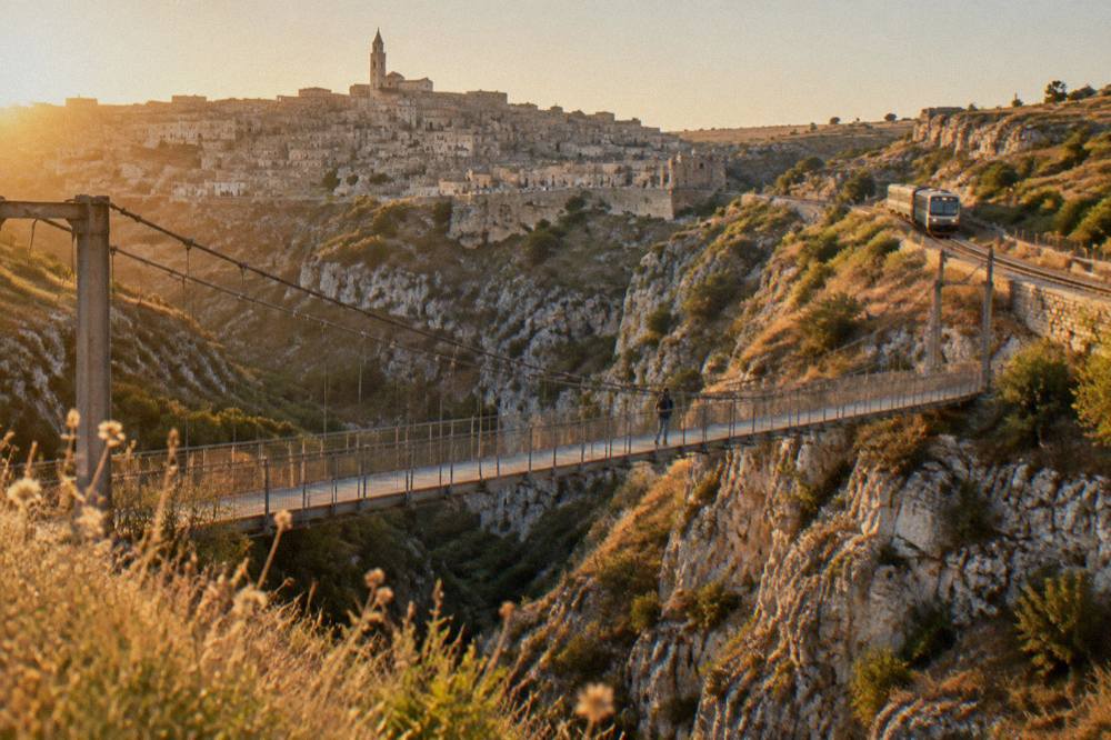 A rural rail line curving through a stone plateau landscape with a small train approaching