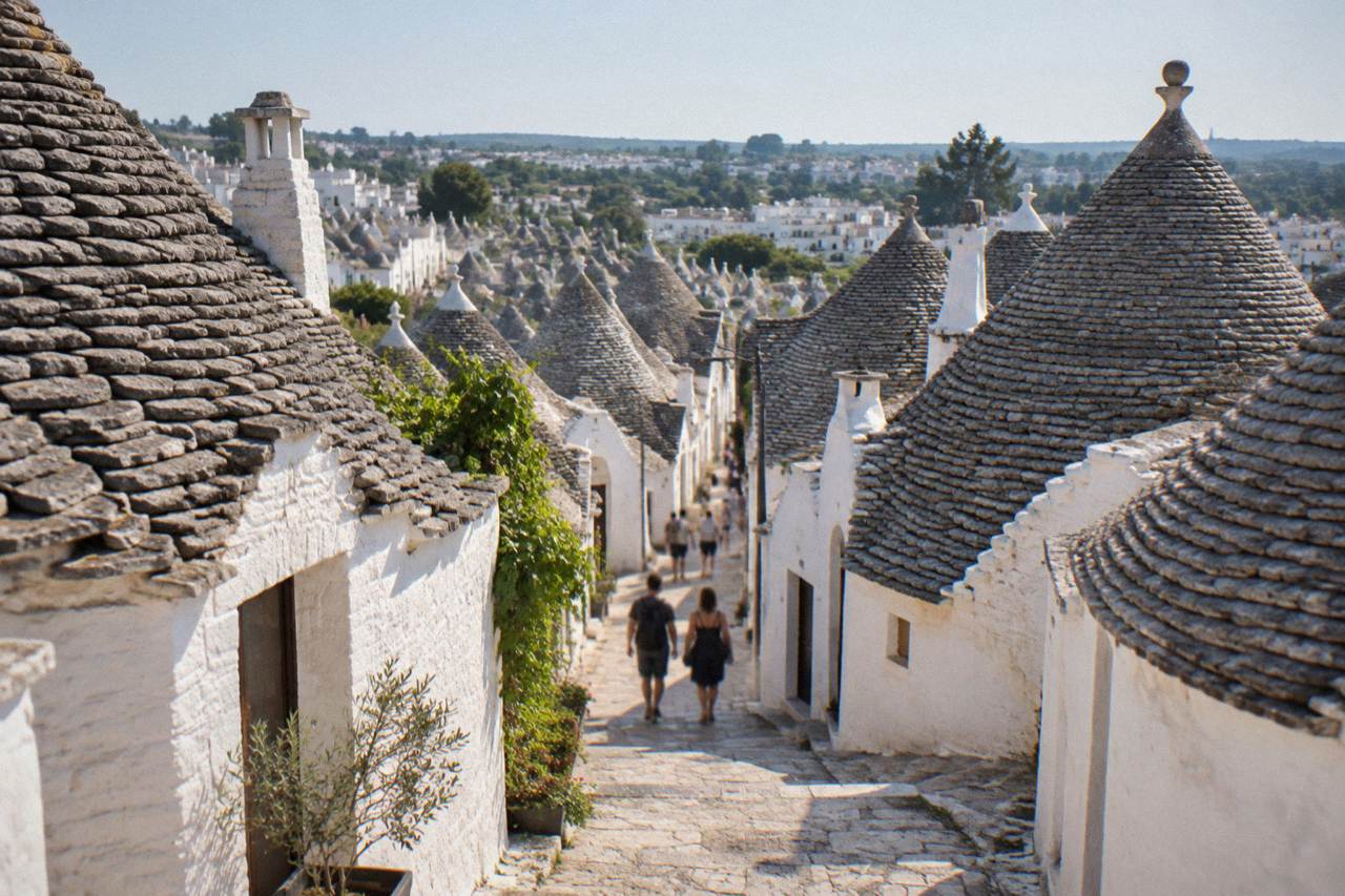 Whitewashed trulli houses with conical stone roofs along a narrow street in Alberobello