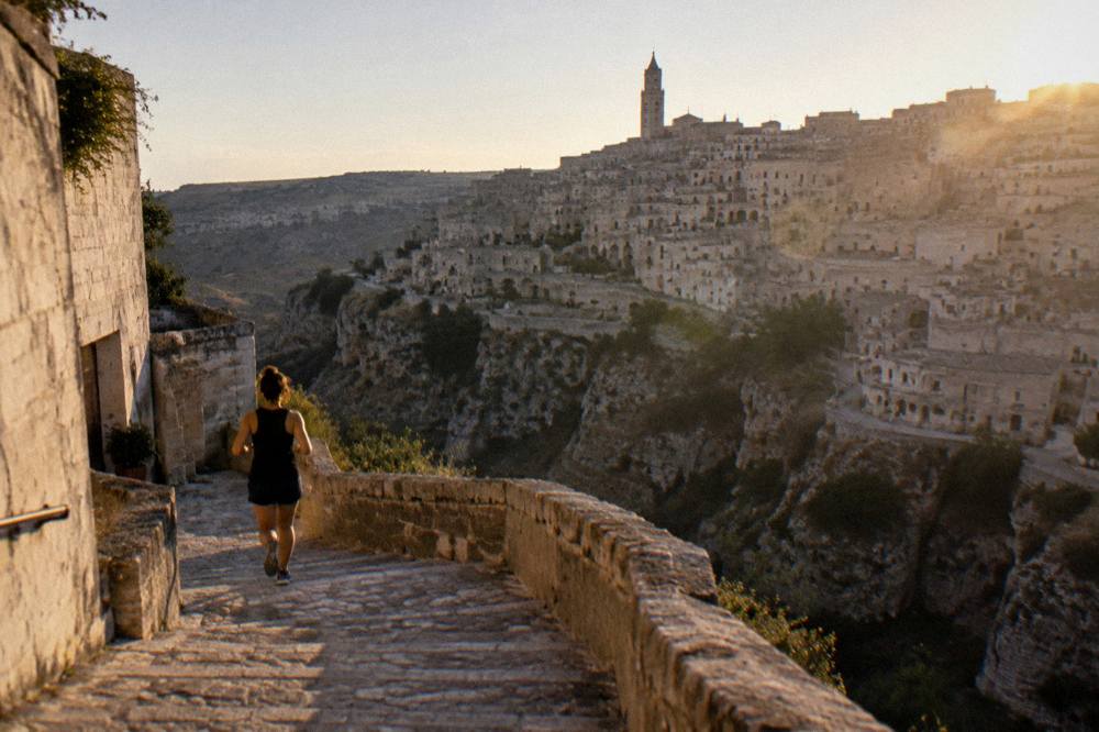 The skyline of Matera's Sassi seen from across the Gravina canyon