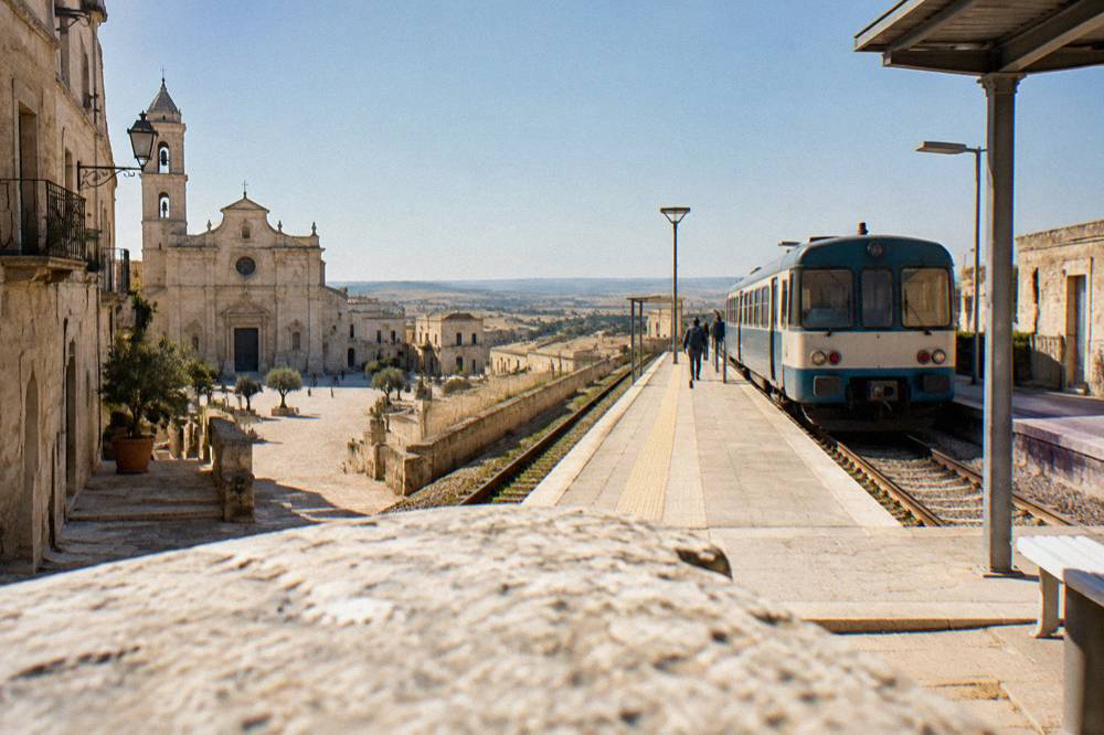 A small regional train at a station platform in southern Italy
