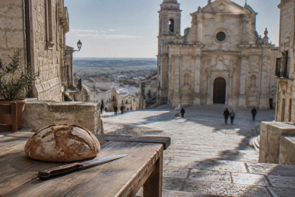 A rustic round loaf of bread on a wooden table beside a knife