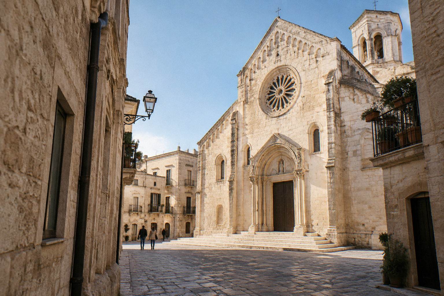 Pale stone cathedral facade and narrow lanes of the old town of Altamura
