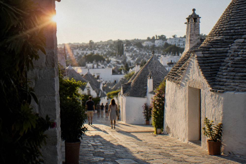 White cone-roofed trulli houses stacked on a hillside under a clear sky