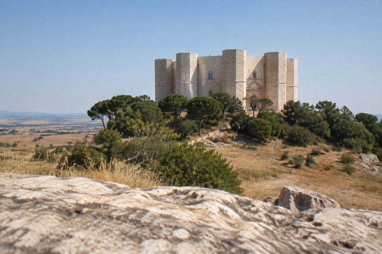 An octagonal stone castle on a wooded hill under a clear sky