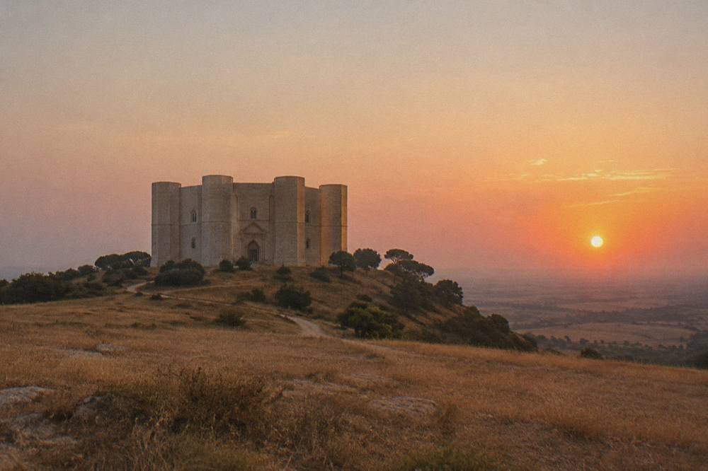 A stone castle silhouette against a red sunset sky over open country