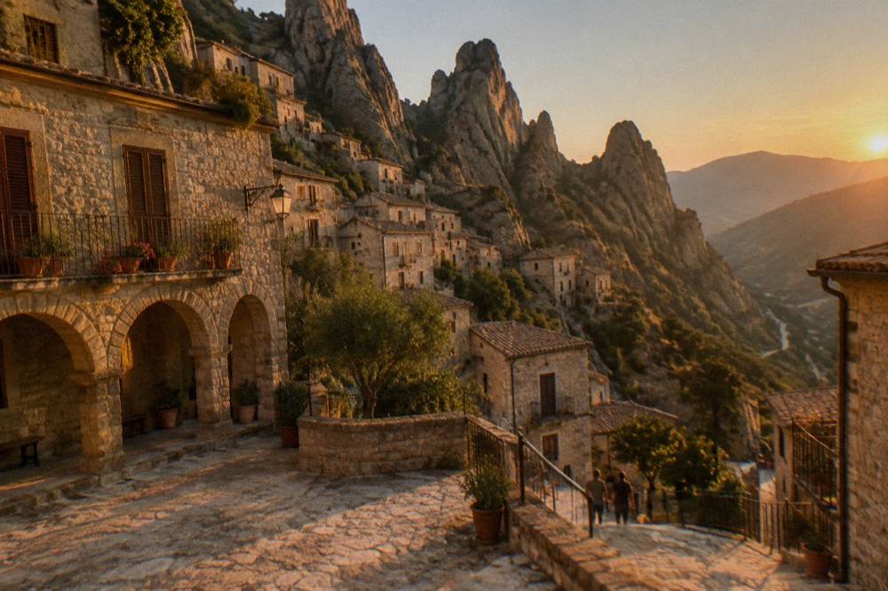 A small stone piazza in a mountain village with shaded arcades and closed shutters