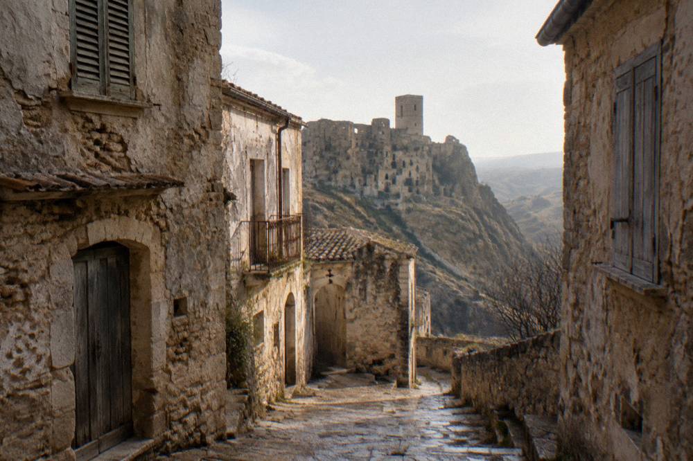A narrow empty street between weathered stone houses in an abandoned Italian hill village, with cracked walls and closed shutters