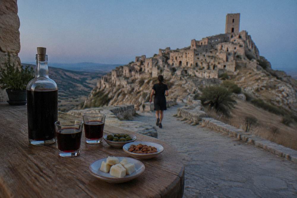 Glasses of dark herbal amaro liqueur on a wooden counter beside a bottle and small tasting plates