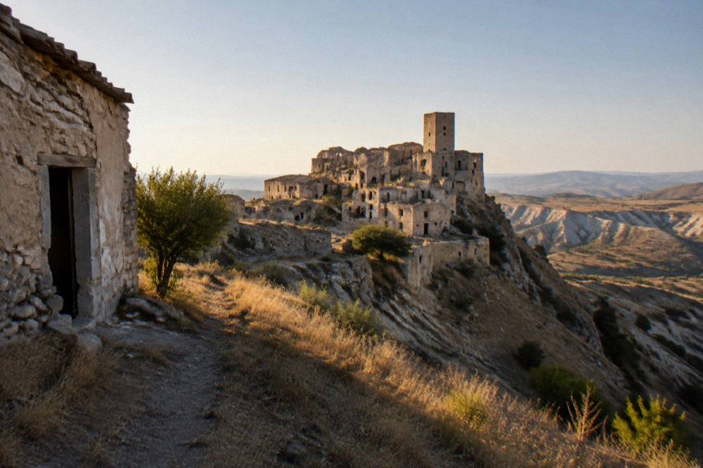 Golden late afternoon light on a ridge of eroded clay slopes with sparse dry grass in inland southern Italy