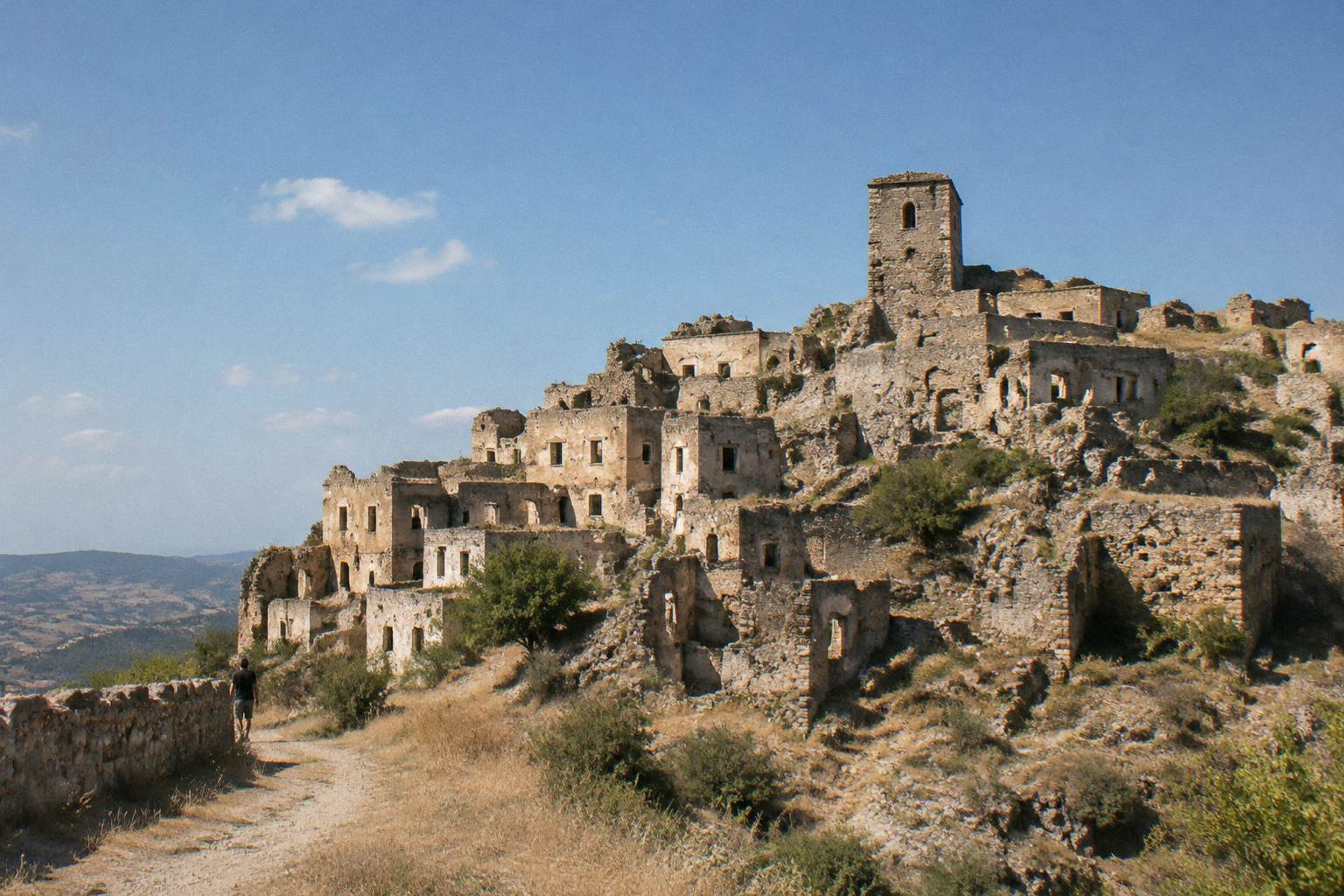 Abandoned stone buildings clustered on a bare hilltop under a wide sky