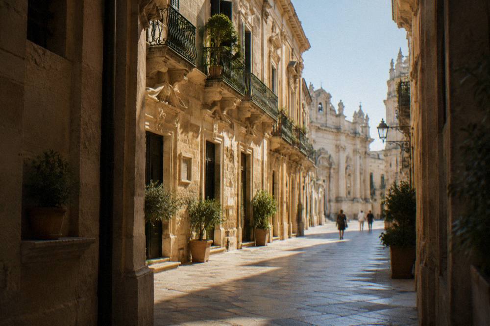 A narrow street in Lecce lined with baroque buildings in warm golden stone