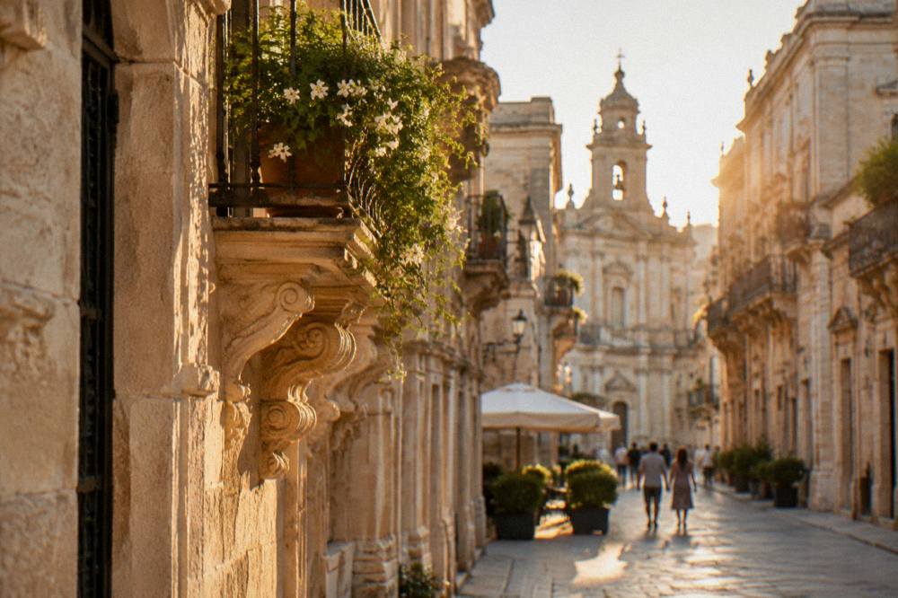 An evening street scene in a southern Italian baroque town with warm stone facades