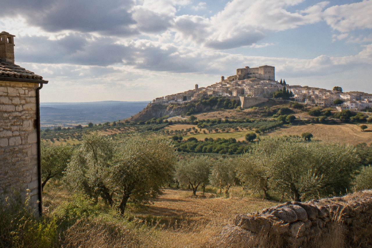 A small hill town in the Basilicata countryside seen across fields and olive groves