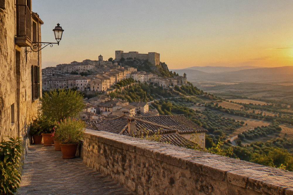 Golden late afternoon light over rooftops and countryside in Basilicata