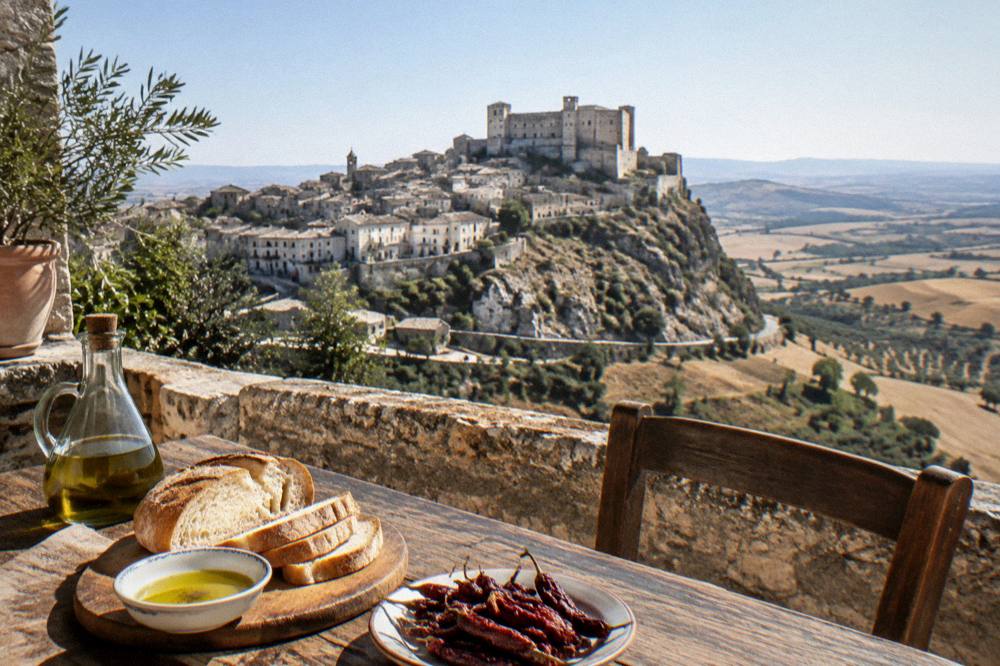 A rustic table with bread, olive oil and dried peppers typical of Basilicata
