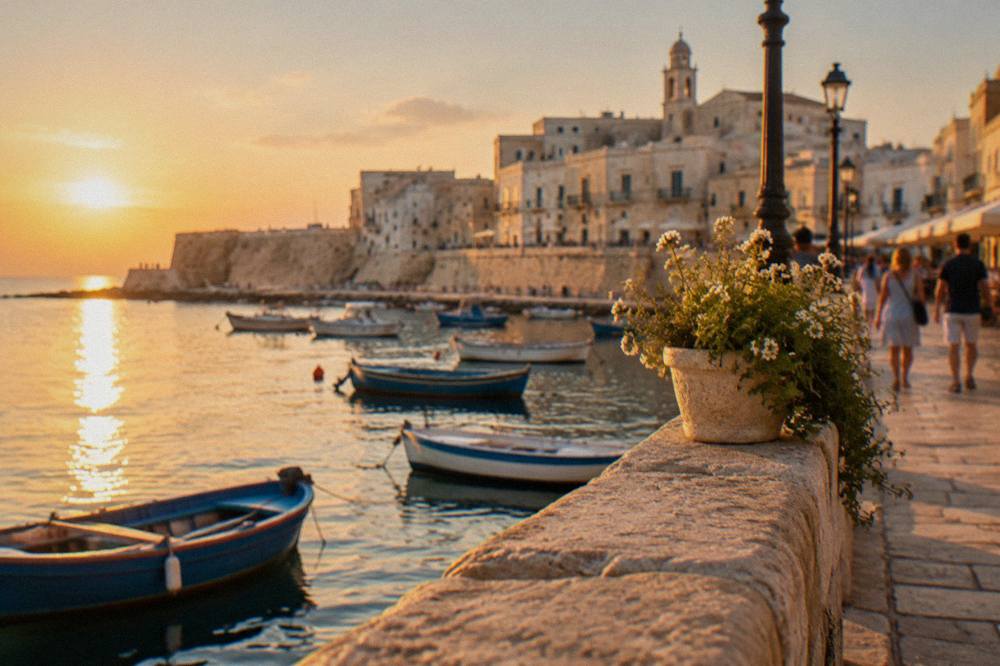 Golden evening light on Monopoli's seafront promenade with people strolling
