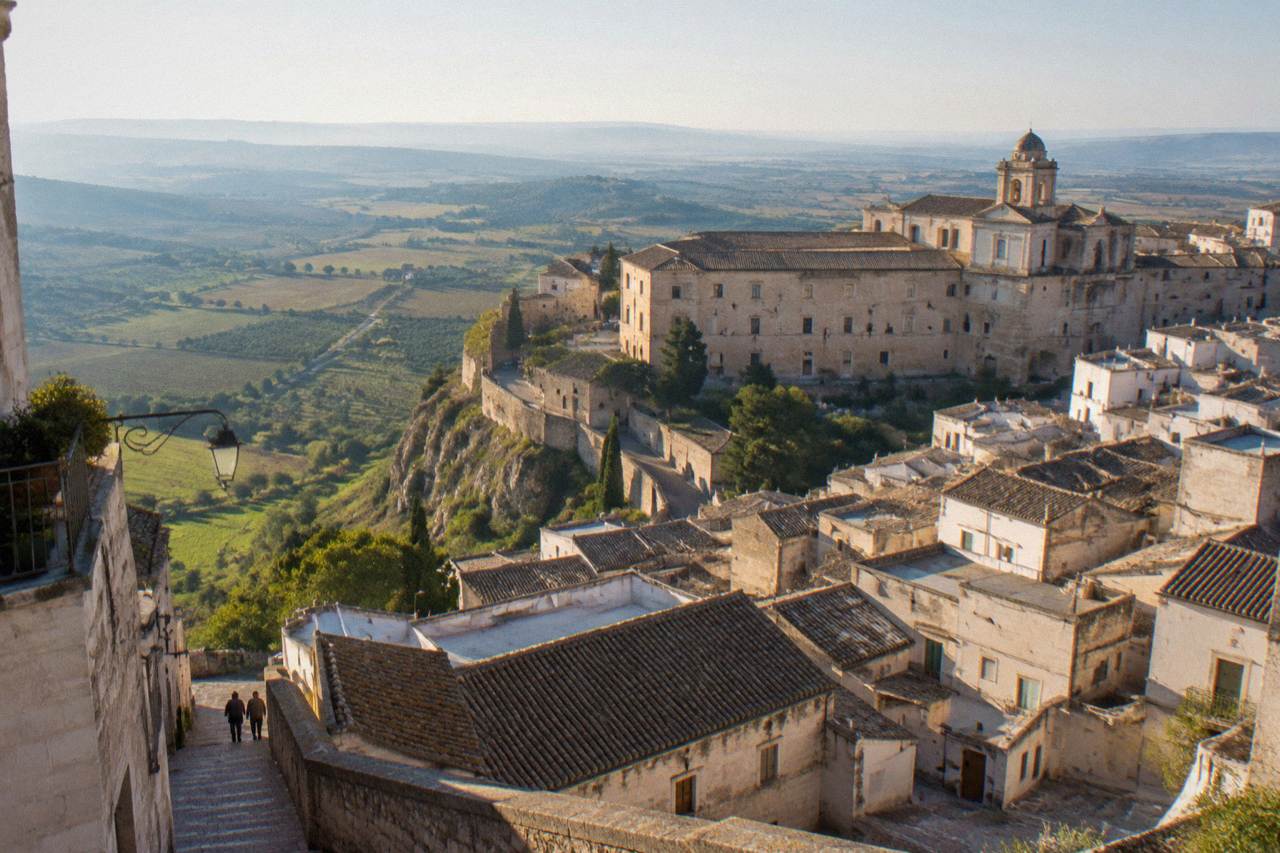 A small hilltown of pale stone buildings rising above open countryside in southern Italy