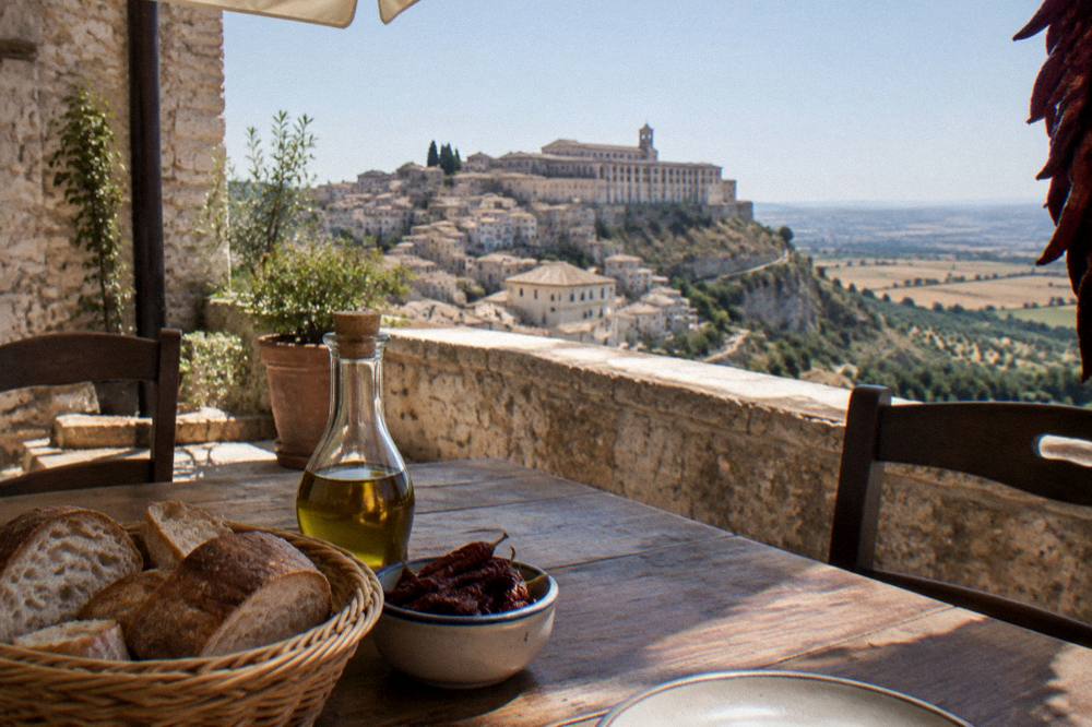 A rustic table with bread, olive oil and dried red peppers in a small Italian restaurant
