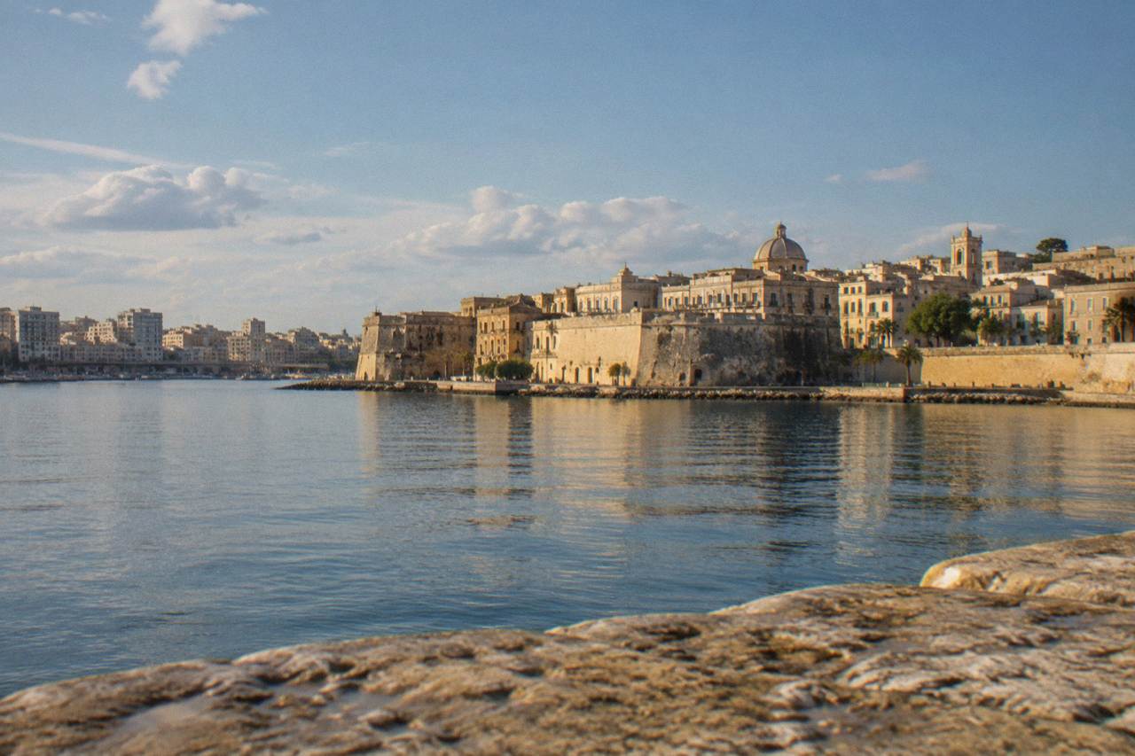 Panoramic view of Taranto old town between the water and the mainland city