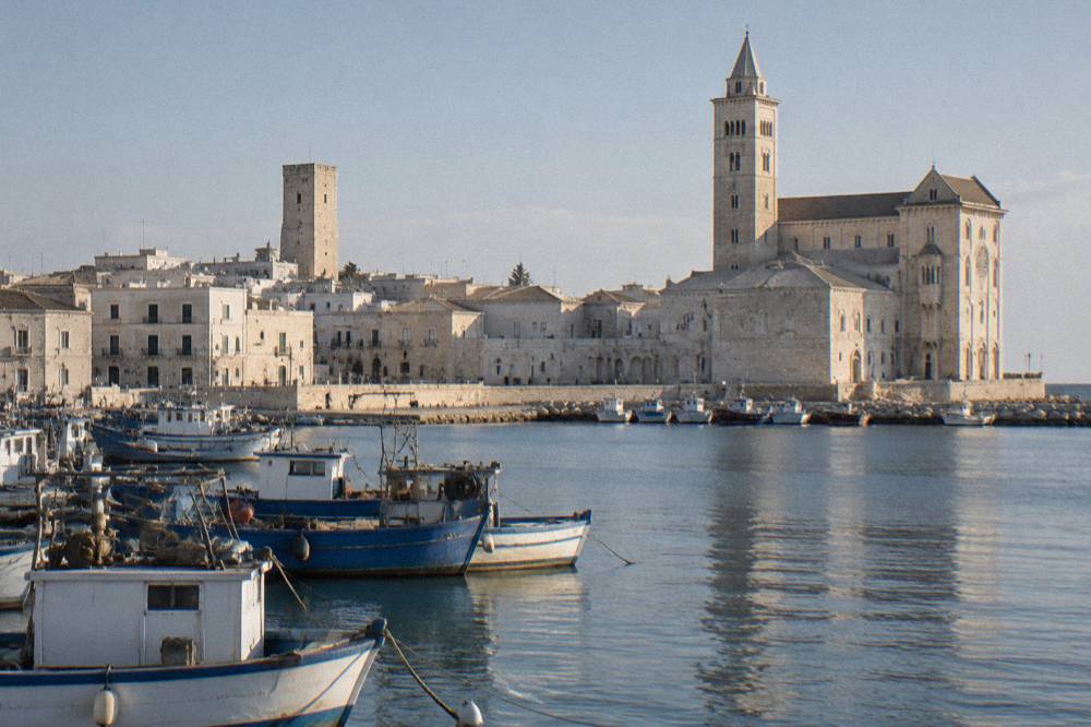 Fishing boats moored in Trani harbour with the cathedral bell tower behind