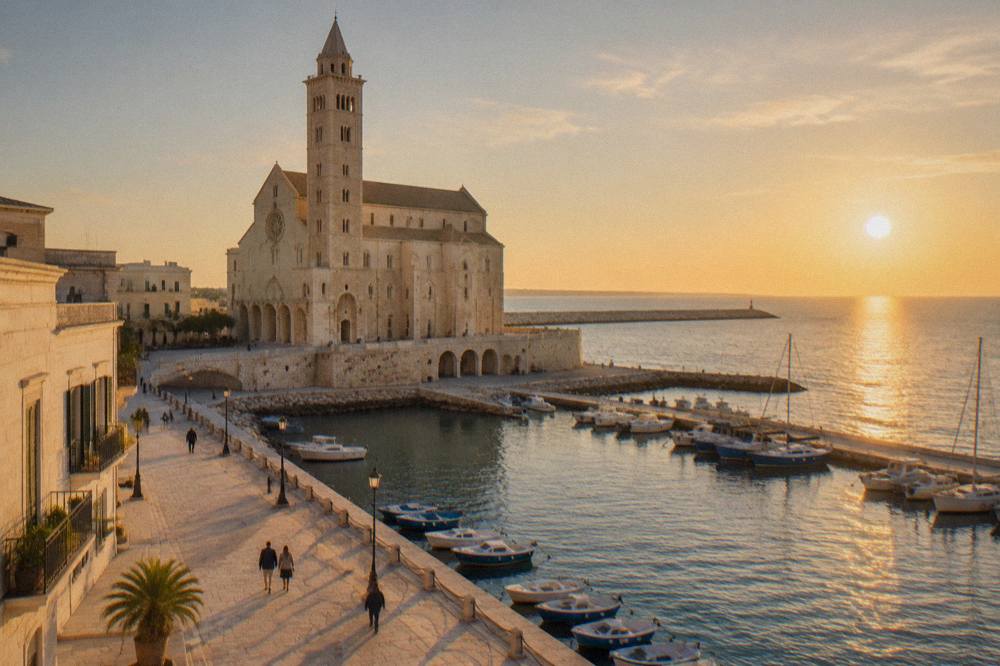 The Adriatic seafront promenade of Trani at golden hour with the harbour in the distance