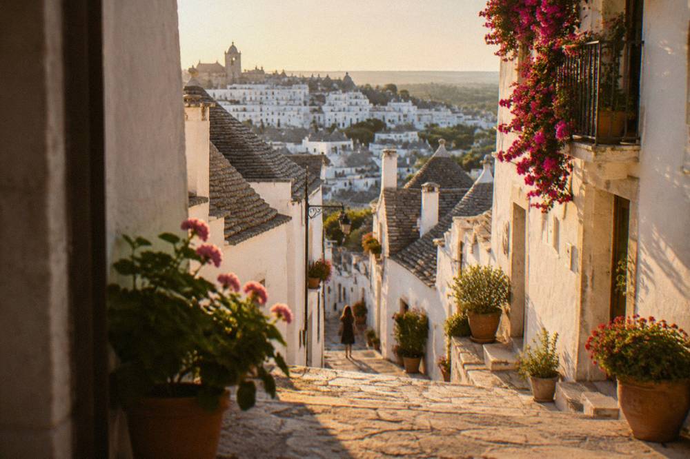 Narrow white street with flowering balconies in a small Puglian hill town