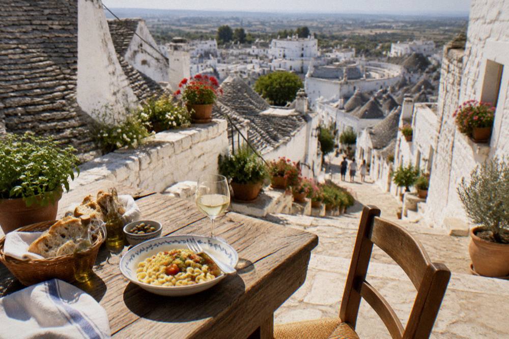 A rustic table set with pasta, bread, olive oil and a glass of white wine