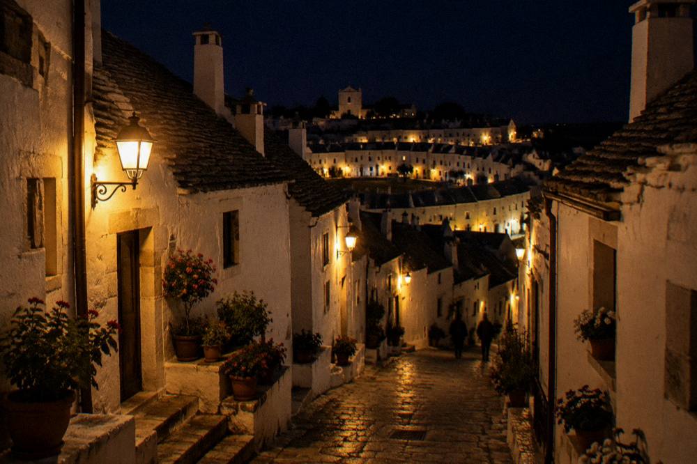 Whitewashed lanes of the circular old town of Locorotondo on its hilltop, lit by warm street lamps at night