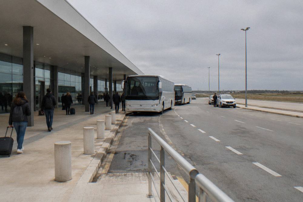 The departures forecourt of a small Italian airport with buses and taxis waiting in daylight