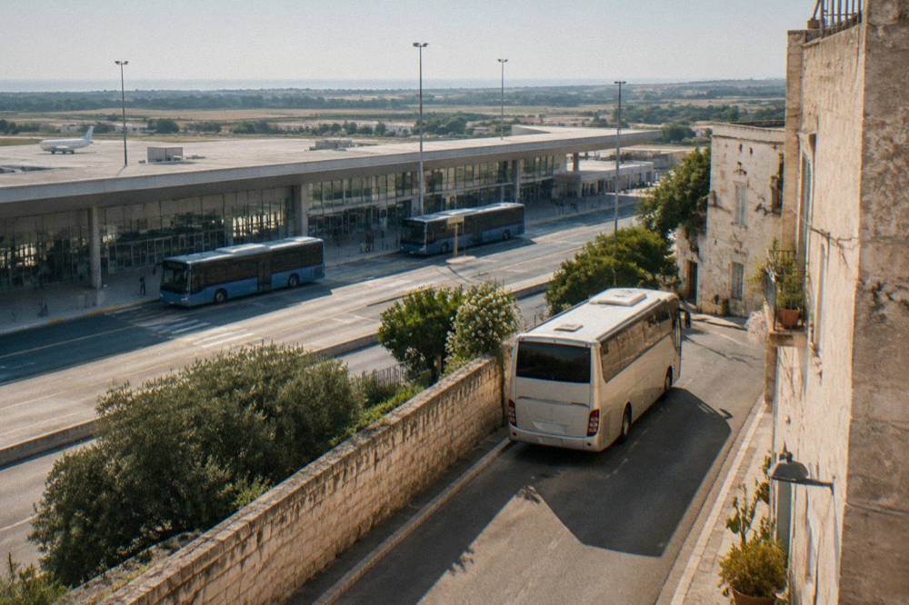 A coach parked on a street beside pale stone buildings in a southern Italian hill town