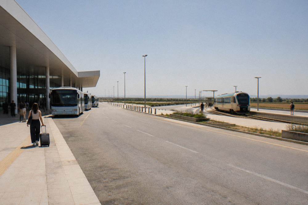 A small regional train waiting at a sunny station platform in southern Italy