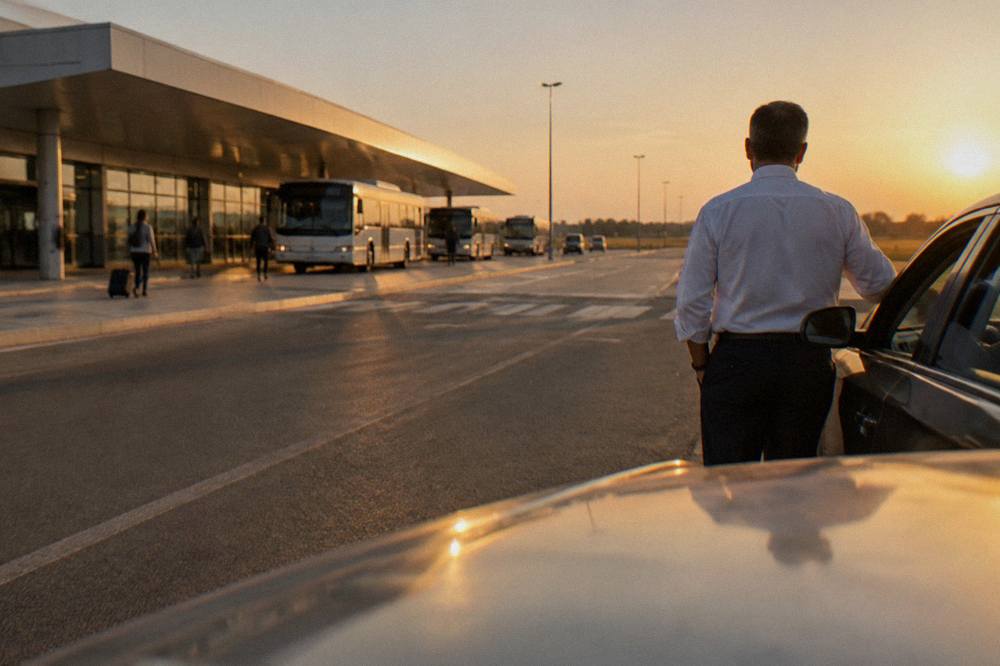 A driver standing beside a parked car at an airport arrivals kerb in the evening
