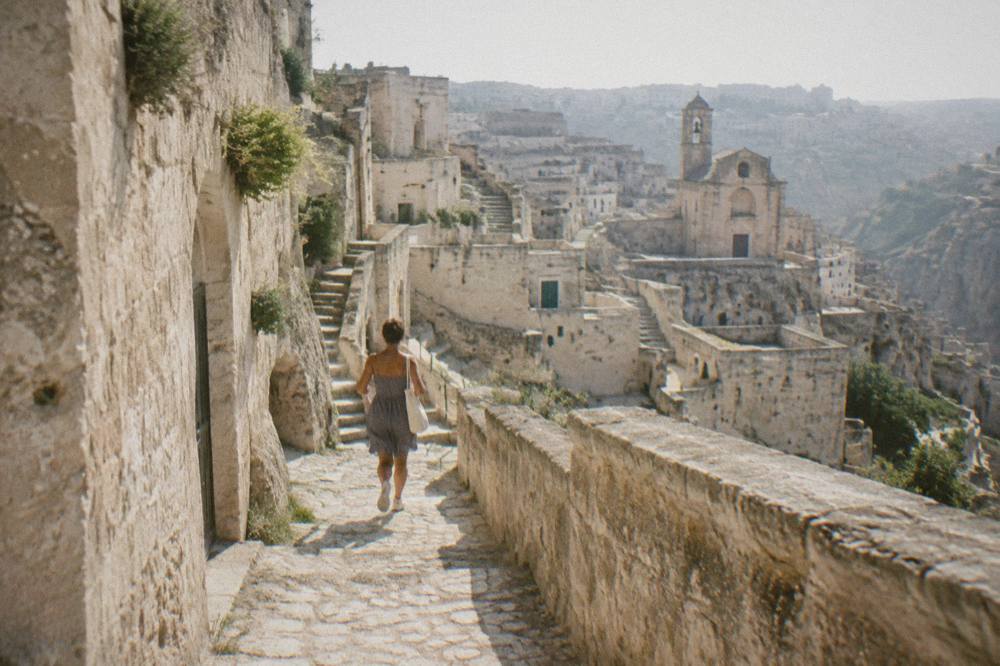 A narrow stone lane in the Sassi with stairs cut into the rock