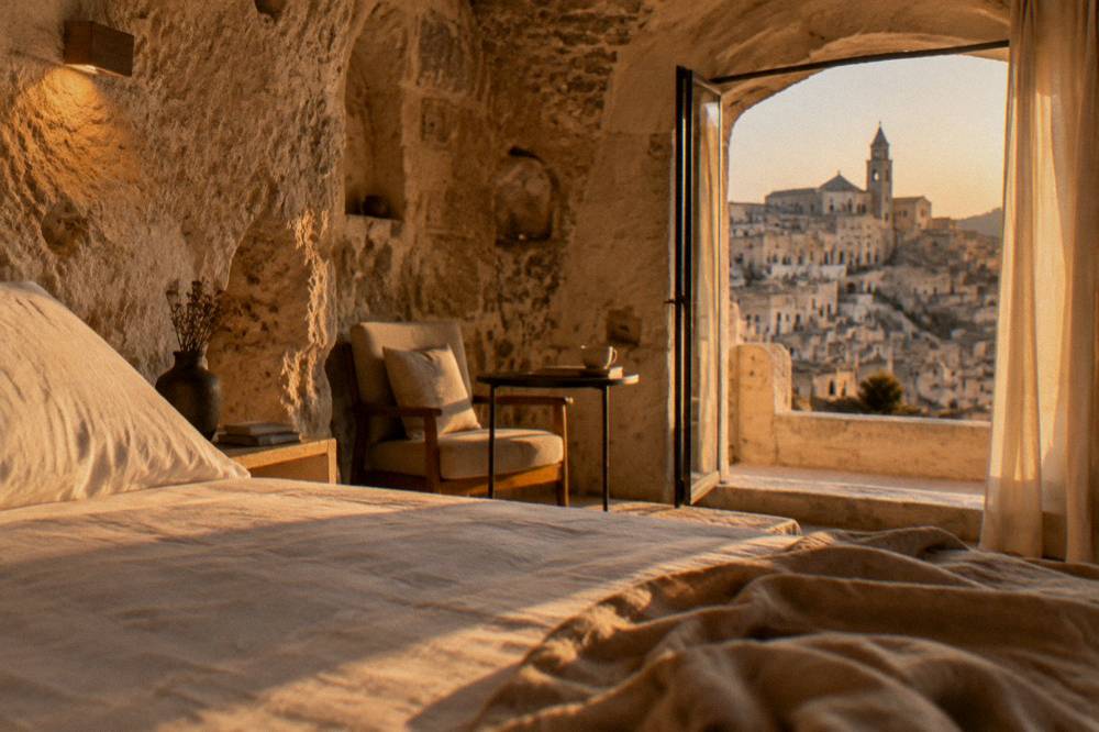 A warm-lit cave hotel room with exposed stone walls in Matera