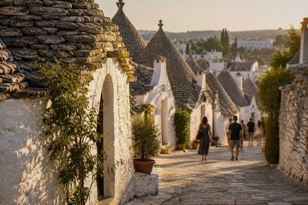 Whitewashed trulli houses with conical stone roofs in Alberobello
