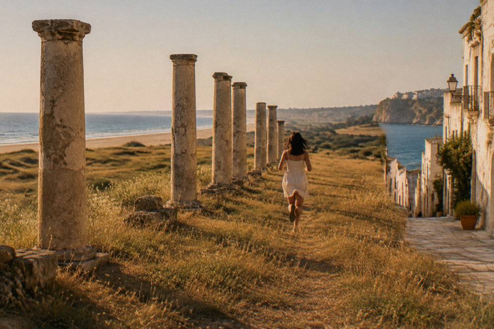 A whitewashed old town street opening onto a view of cliffs and blue sea