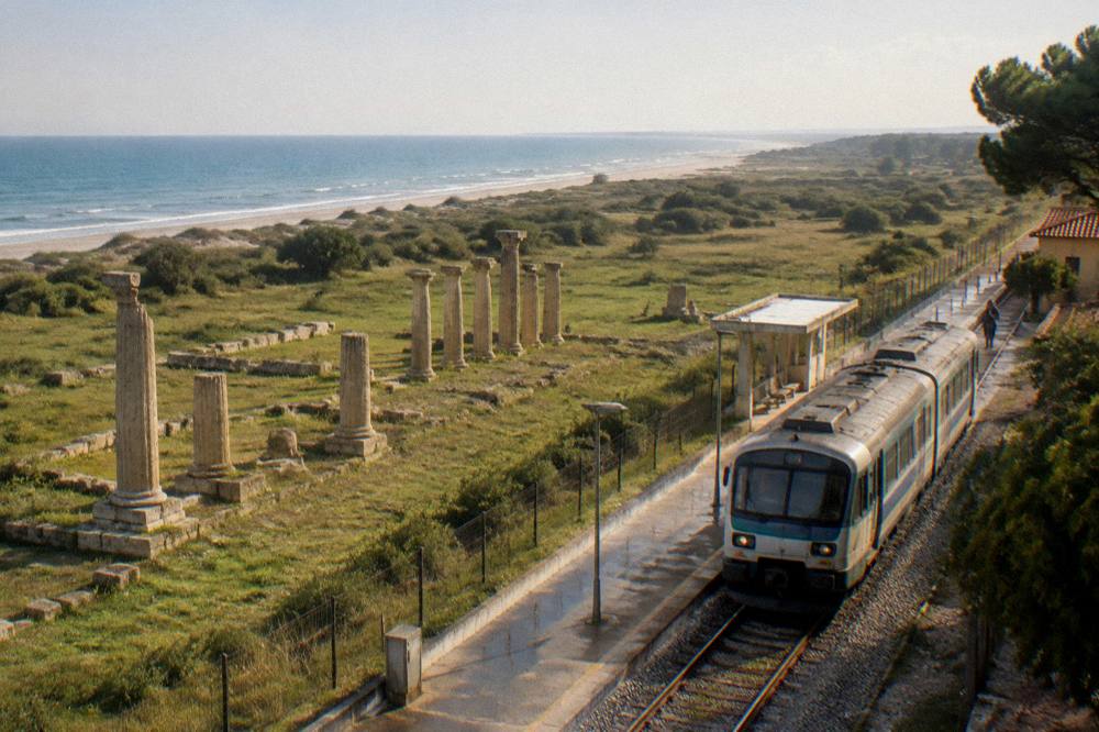 A single-track regional train at a small southern Italian station platform
