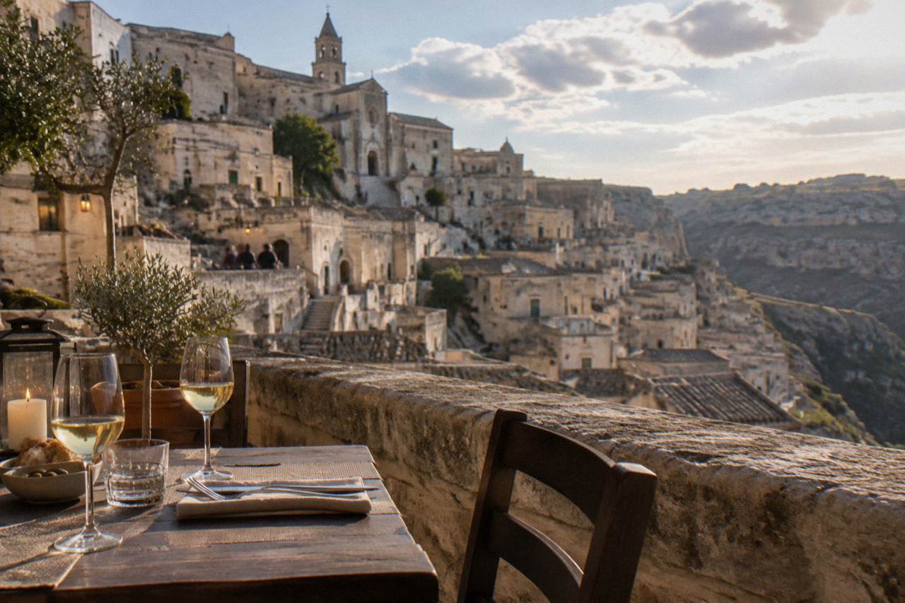 A stone dining terrace in the Sassi of Matera lit in the evening