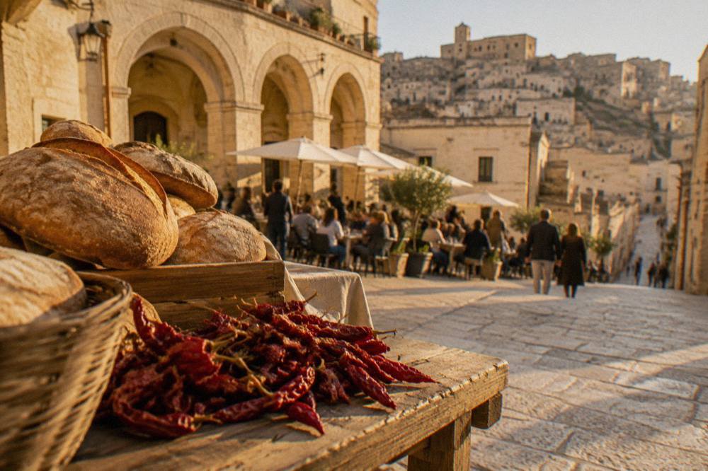 Rustic bread loaves and dried red peppers on a wooden table in Basilicata